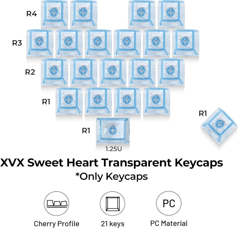 GMKWTL أغطية مفاتيح كريستالية شفافة فارغة XVX، مادة PC مخصصة DIY أغطية لوحة مفاتيح على شكل قلب حلو، أغطية مفاتيح حلوى زرقاء مضاءة على شكل شيري لميكانيكية MX (21 قطعة) - Image 4